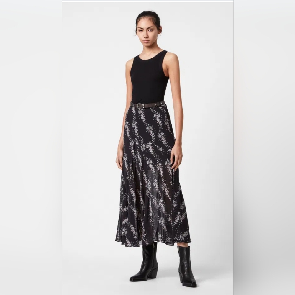 😍NWOT All Saints Black and Pink Floral A-Line Skirt